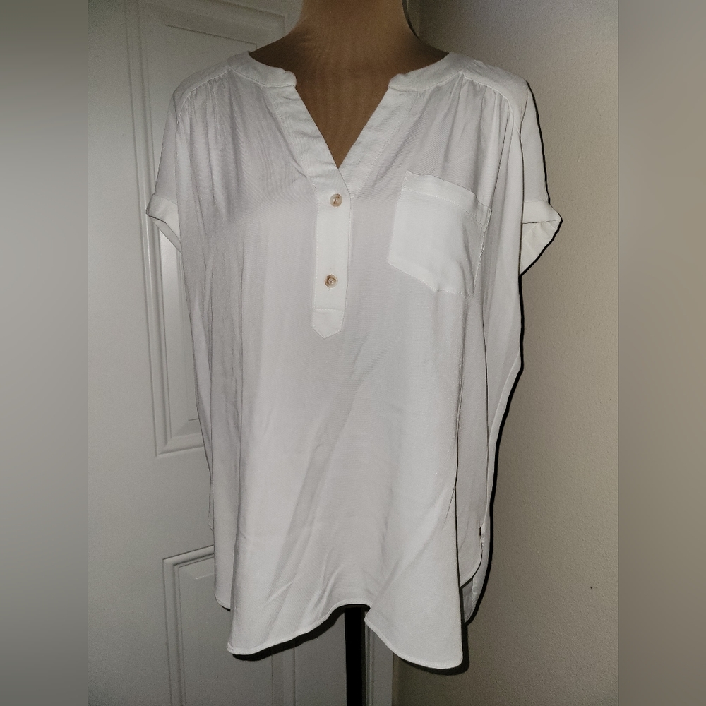 White Cap Sleeve Relaxed Blouse with Mandarin Collar
